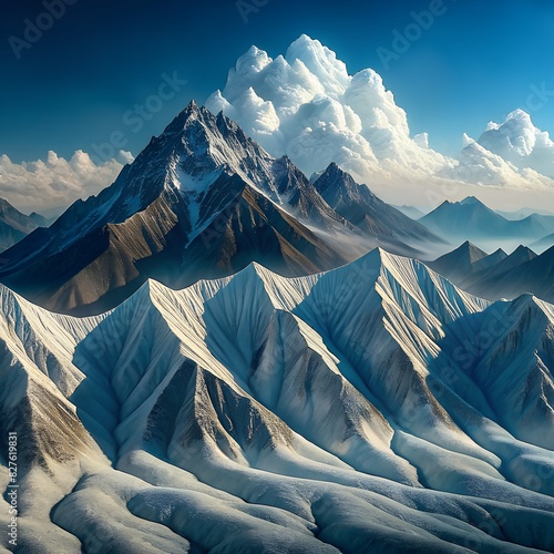 The sky is blue, it takes up most of the layout, and the peaks of the mountains are visible below