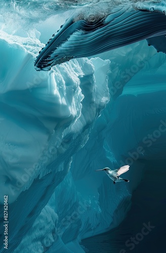 Captivating cinematic scene of a glacier calving with a blue whale and hummingbird in synchronous motion, contrasting enormity and delicacy , ultra HD, super-detailed, professional color grading