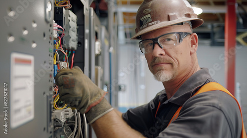 Male commercial electrician working on a fuse box, wearing safety gear and demonstrating professionalism.