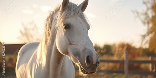 A white horse with a brown fence in the background. The horse is looking at the camera