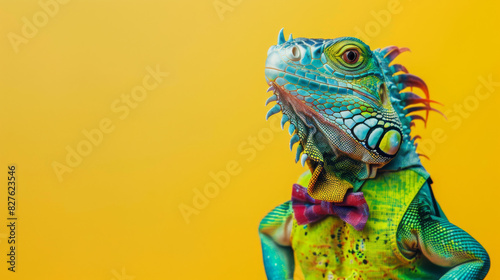 Vibrant green iguana dressed in a colorful bow tie and vest against a bright yellow background, showcasing unique animal fashion.