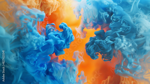 Spectacular image of blue and orange liquid ink churning together with realistic texture and high quality. Digital art 3D illustration.