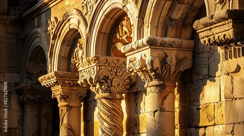 Romanesque archivolts, with intricate mythical and geometric motifs, bask in golden sunlight, captivating all.
