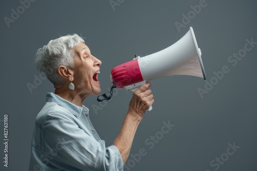 White background, businesswoman, megaphone, and HR news announcement voice. Happy leader/manager profile of call to action, HR attention, or studio speaking