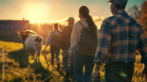Women and farmer group walking on grass field at sunset with cows and cattle. Female friends, outdoor farming with animals and livestock in nature with freedom
