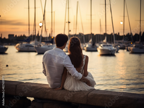 A happy couple sits on a bench by the yacht club, love in the air
