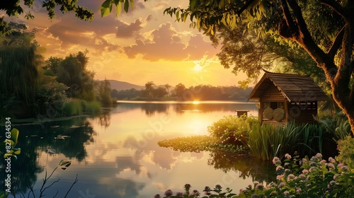 A serene sunset casts golden hues over a lake, mirroring a cottage nestled among Ayurvedic herbs.