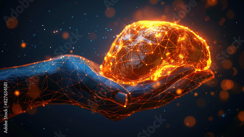 Futuristic Digital Representation of a Human Liver in Hand with Glowing Network Connections.