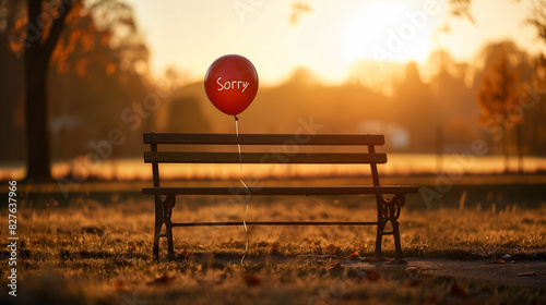 Lonely Park Bench with a Red Balloon Tied to It at Sunset, Emitting a Melancholic and Apologetic Atmosphere