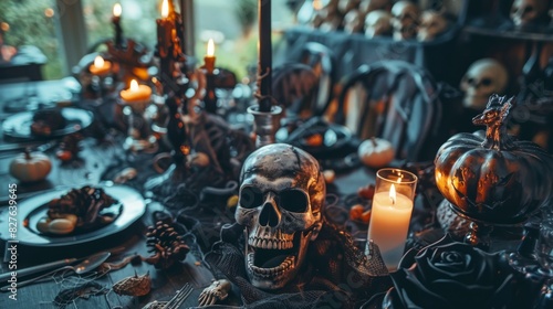 Halloween table setting with skull decor and candles. Dark spooky atmosphere. Concept of Halloween, horror, spooky decor, candlelit ambiance