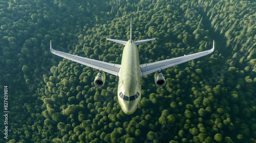 Sustainable aviation fuel concept of flight running on biofuel green energy. A light green plane flies over the forest