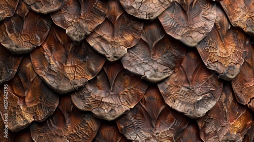 A close up shows a pine cone resembling the scales of a dragon