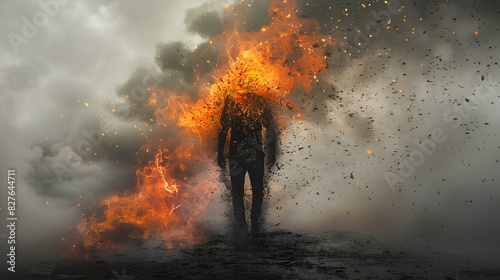 In a powerful image, a solitary figure is engulfed by the flames of burning daily pressure disorder, their silhouette stark against a backdrop of gray