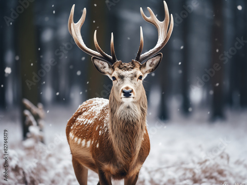 Snowflakes dust the majestic male fallow deer's portrait