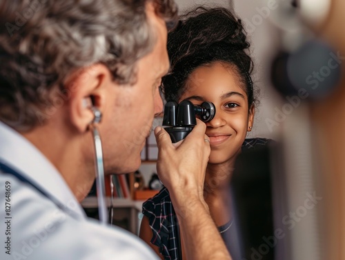 Doctor looking in patientâ€™s ear with an otoscope (an instrument used to look into the ear canal). 