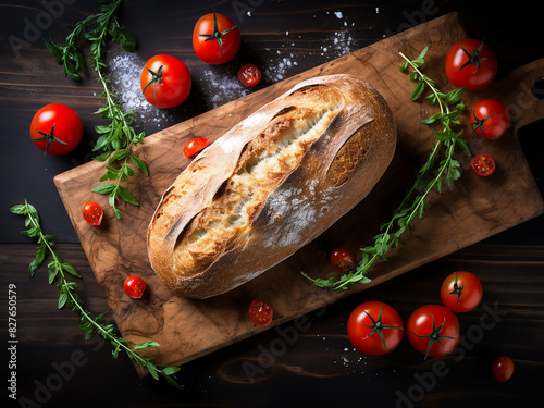 Exquisite ciabatta creation displayed on walnut wood, a symphony of flavors and textures
