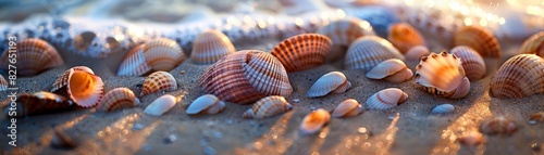 Colorful seashells strewn along a sandy beach shoreline with gentle waves. Capturing the beauty of nature during sunset.