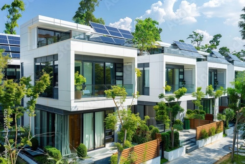 A white modern row of townhouses with solar panels on the roof, green trees around,