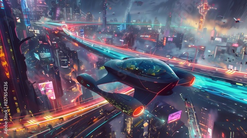 A futuristic flying car glides through a neon-lit aerial highway, weaving between skyscrapers and trailing light.