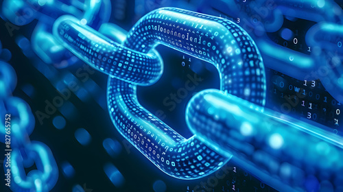 Blockchain identity management technology, glowing blue chain of ones and zeroes on dark blue background symbolizes blockchain technology, security trust transparency immutability consensus
