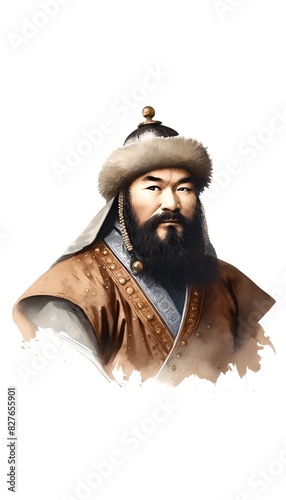 Watercolor portrait illustration of Genghis Khan.