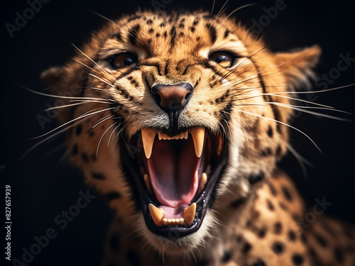 Cheetah displays aggressive growl, mouth agape