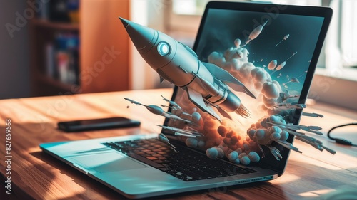 Space rocket emerging from laptop screen