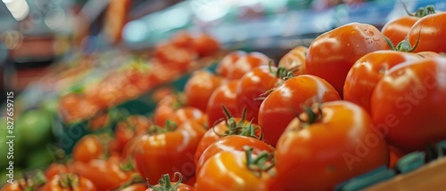 Close-up of fresh, ripe tomatoes on display in a grocery store. Vibrant red color and lush texture, perfect for cooking or salads.