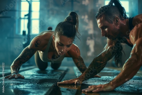 Intense workout with a man and woman doing push-ups in a gym. Muscle building, strength training, and fitness motivation.