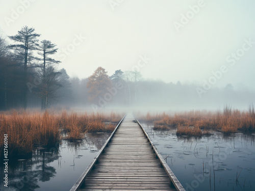 Tranquility envelops a misty swamp lake, captured in an instant vintage square photo