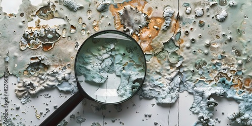 Looking closely at mold growth on white surface with magnifying glass. Concept Mold Growth, White Surface, Magnifying Glass, Close Inspection