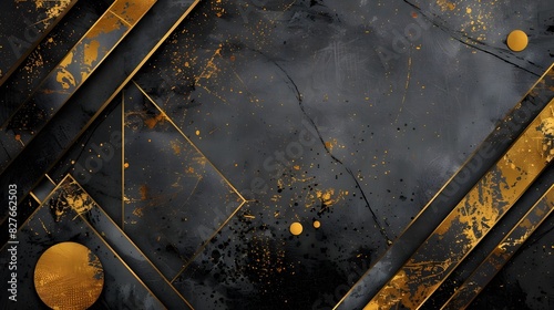 Dramatic Metallic Gold and Black Abstract Geometric Shapes Compositional Design with Gritty Textural Elements