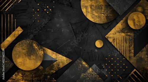 Dramatic Metallic Gold and Monoplane Black Abstract Geometric Composition with Gritty Textures