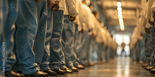 Inmates lined up for attendance check in a facility. Concept Inmate Management, Corrections Facilities, Prison System, Institutional Processes, Security Checks