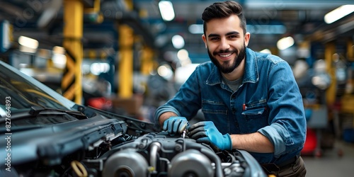 Mechanic repairing a car engine at a service station. Concept Automotive Repair, Car Troubleshooting, Mechanic Expertise, Vehicle Maintenance, Service Station Operations