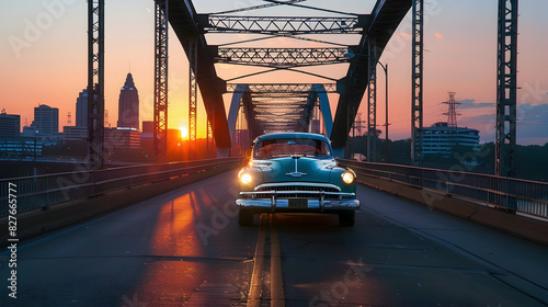 classic car transportation driving across bridge in Nashville Tennessee at sunset