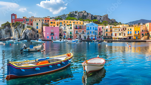 A peaceful coastal village with colorful fishing boats in the harbor