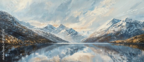 Painting of a stunning mountain lake, the still waters reflecting the snowcapped peaks