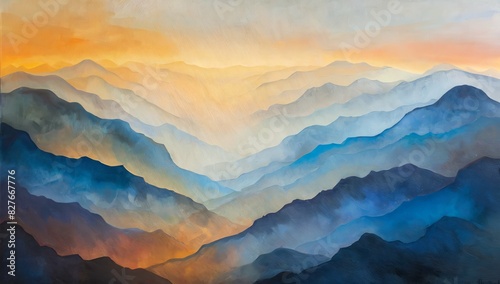 Painting of serene mountains cape at sunset, warm hues and tranquil atmosphere