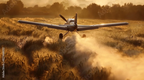 Agricultural Aircraft Spraying Fungicide Over Fields at Golden Hour