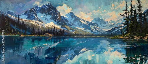 Painting of a stunning mountain lake, the still waters reflecting the snowcapped peaks