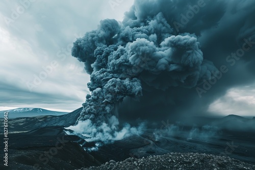 A dramatic volcanic eruption with thick plumes of dark smoke rising against a cloudy sky, showcasing the raw power of nature.