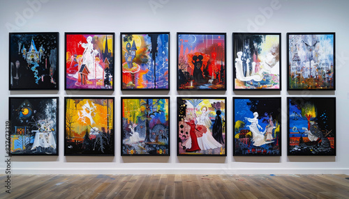 An art museum gallery presents multiple abstract paintings, each depicting various scenes from different fairy tales, framed in black against a white wall.