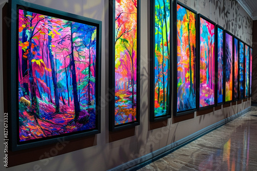 An art museum gallery wall adorned with a series of black-framed abstract paintings of enchanted forests in vibrant, magical colors.