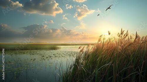 A peaceful marshland with tall reeds and colorful waterfowl