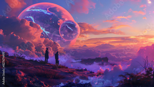 Surreal Sunset: Mountain View with Celestial Spheres, Silhouetted Figures, and Galactic Imagery