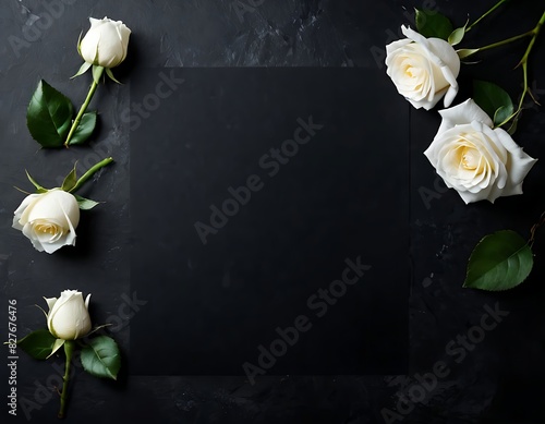 White blank condolence card, memorial card, greeting card with fresh Rose on the dark background. Empty place for a text.