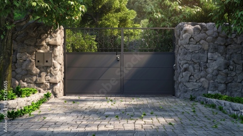 An automatic sliding gate with remote control, set in a tall stone wall