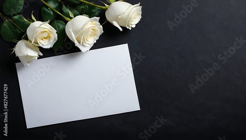 White blank condolence card, memorial card, greeting card with fresh Rose on the dark background. Empty place for a text.