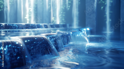 A futuristic fountain with water frozen midflow, blending fluidity and stillness, Scifi, Cool tones, 3D rendering, Dynamic and serene